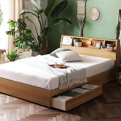 [ベッド シングル] 幅101cm 収納付き 照明付き マットレス付き 棚付き コンセント付き 引き出し付き 抗菌 防臭 日本国産 コンパクト 低ホルムアルデヒド ナチュラル 幅83cm 長さ208cm ベッドフレームのみ