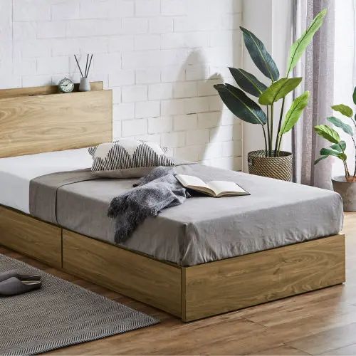 Bed - セミダブルベッド LEDライト付き コンセント付き 収納ベッド 木目調 宮棚付き ナチュラル 幅121cm 長さ208.5cm 高さ80cm