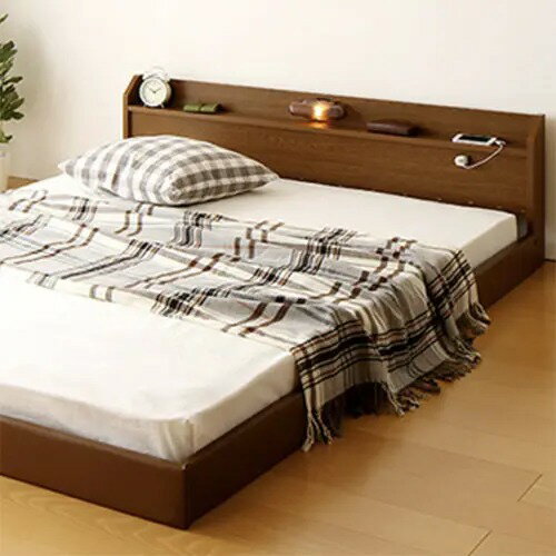 ダブル ローベッド レザー 照明付 棚付 コンセント付 連結可能 日本国産 ナチュラル 幅83cm 長さ207cm ..