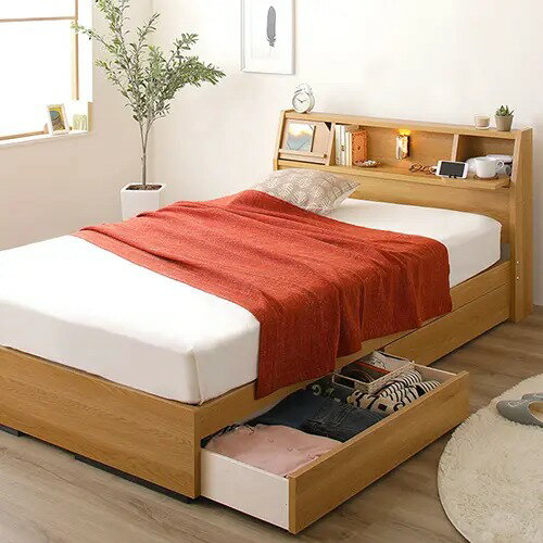 セミダブルベッド 収納付きベッド 照明付きベッド 棚付き コンセント付き 引き出し付き スマホスタンド..