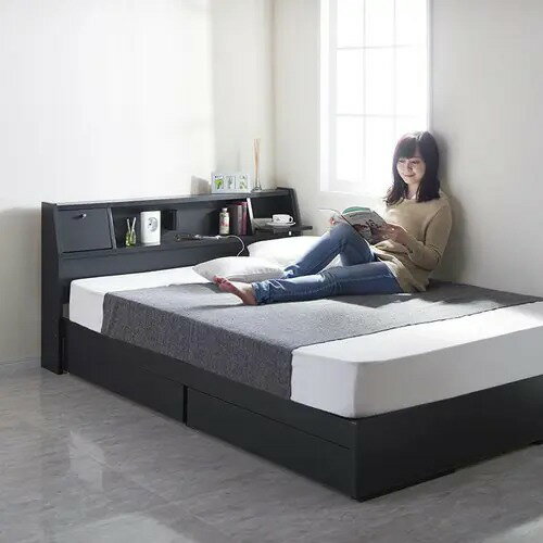 Rakuten - 収納付きベッド セミダブルベッド 照明付き 棚付き ブラック 幅121cm 長さ215cm フレームのみ フレームのみ ボンネルコイルマットレス 日本製ボンネルコイル ポケットコイル 日本製ポケットコイル 天然ラテックス入日本製ポケット ブラック ホワイト