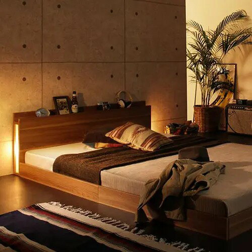 ローベッド ダブルベッド 照明付きベッド ウォルナット調ベッド 棚付き コンセント付き ベッドフレームのみ スタンダードボンネルコイル スタンダードポケットコイル ウォルナットブラウン ブラック 寝具なし ホワイト ブラック 組立設置