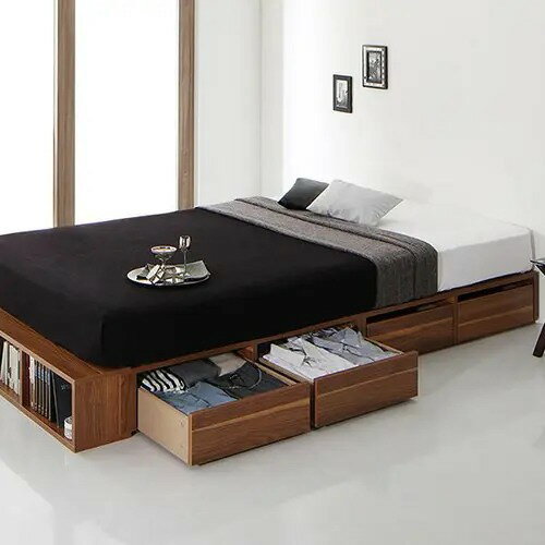 セミダブルベッド 収納付きベッド ウォルナットブラウン 大容量 ロングサイズ シェルフ付き 引き出し付き 頑丈 組立設置 幅119cm 長さ216cm 高さ23cm