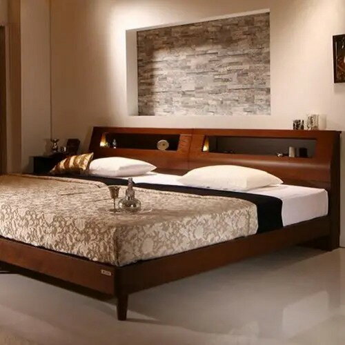 乐天商城 - セミダブルベッド 照明付きベッド ウォルナット調ベッド 脚付き 棚付き コンセント付き 高級感 ホワイト 幅98cm 長さ197cm ベッドフレームのみ ボンネルコイルマットレス 国産ポケットコイルマットレス
