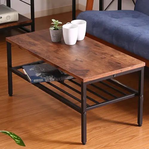 乐天商城 - [リビングテーブル] 幅80cm 棚付き スチール脚 シンプル ヴィンテージ コンパクト 木目調 アイアン風 小物収納 ソファテーブル スタイリッシュ マット ワンルーム デザイン性 オープン収納 奥行40cm