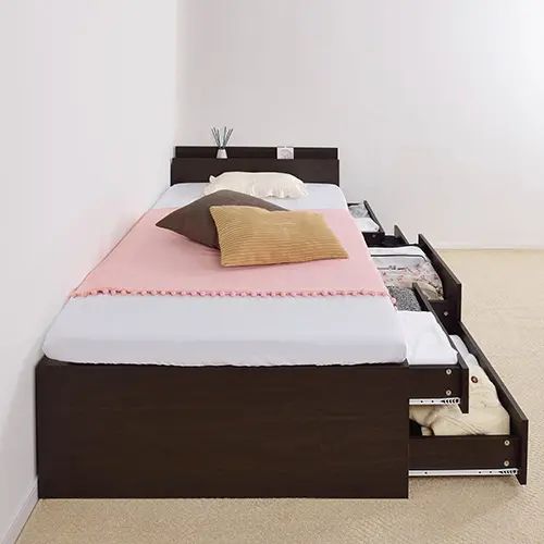 収納付きベッド シングルベッド 棚 コンセント チェストベッド ダークブラウン ホテル品質 スタイリッシュ ホテル品質 グローバル品質 高品質 ハイクオリティ スライドレール付き ボックス構造 ミニマルデザイン