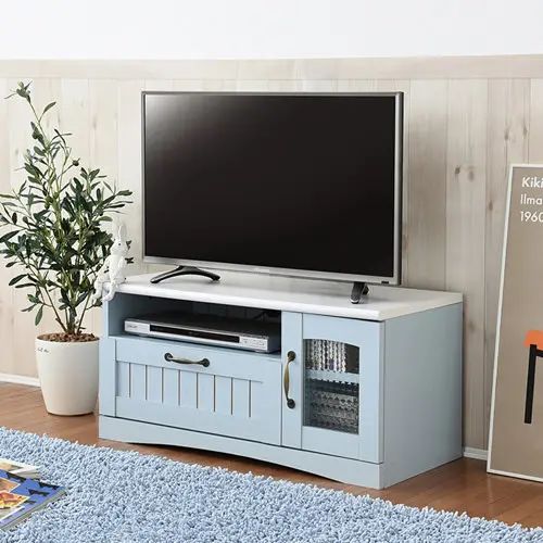 Low Board - テレビ台 幅60cm? 棚付き 可動棚付き ガラス扉付き 引き出し付き コンパクト フレンチカントリー調 収納スペース 書類収納 オープン収納 ホワイト ブルー グレイッシュ 木目柄 面材溝加工 素朴 ワンルーム