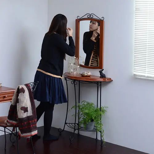 [ドレッサー 鏡台] ウォールミラー幅45cm コンソール幅75cm スチール脚タイプ アジャスター付き 天然木 モダン 北欧風 高級感 ナチュラル アンティーク 姫系 木目調 セット商品 ロートアイアン
