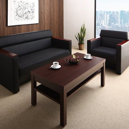 ソファ 4人用 ソファ幅74cm 148cm テーブル幅110cm レザーソファ ソファセット 座面レザー 木肘 天然木使用 高級感 木目調 オフィス ダークブラウン ブラック(3.0)