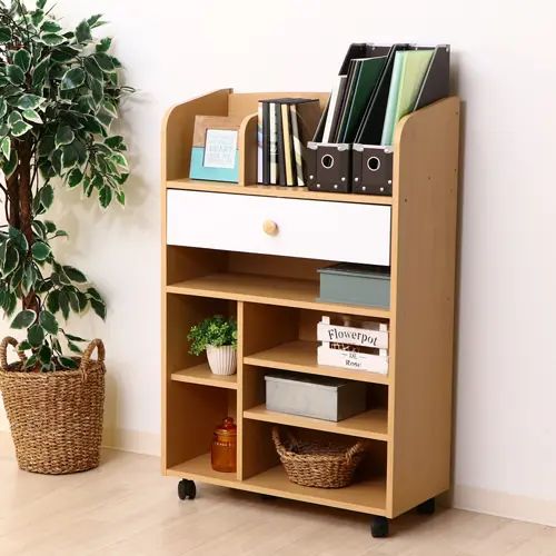 乐天商城 - フリーラック 引き出し付き 可動棚付き キャスター付き シンプル ナチュラル 木目調 幅62cm 奥行き29cm 高さ97cm