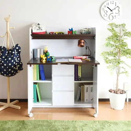 デスク 扉付き収納 引き出し付き 可動棚付き キャスター付き コンセント付き ホワイト/ナチュラル ホワイト/ダークブラウン 幅90cm 奥行き31.5～60.5cm 高さ115.5cm