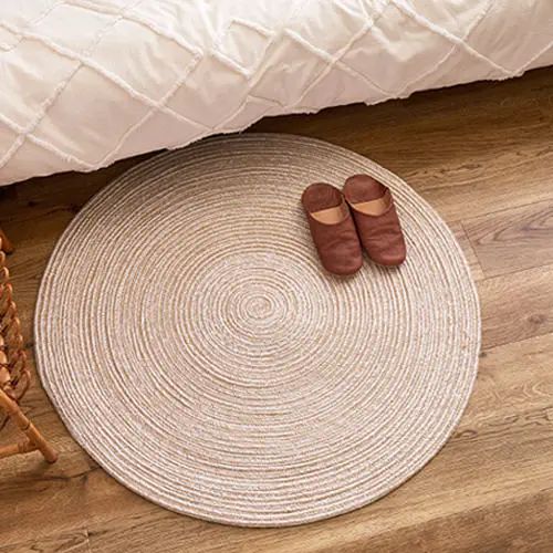 乐天商城 - デザイン ラグ 直径140cm 丸型 ウォッシャブル シンプル 北欧風 ナチュラル 床暖房対応 ホットカーペット対応 オールシーズン ベージュ/ホワイト