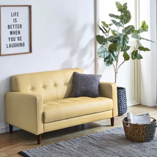 レトロなデザイン レザーソファ 2人掛け イエロー