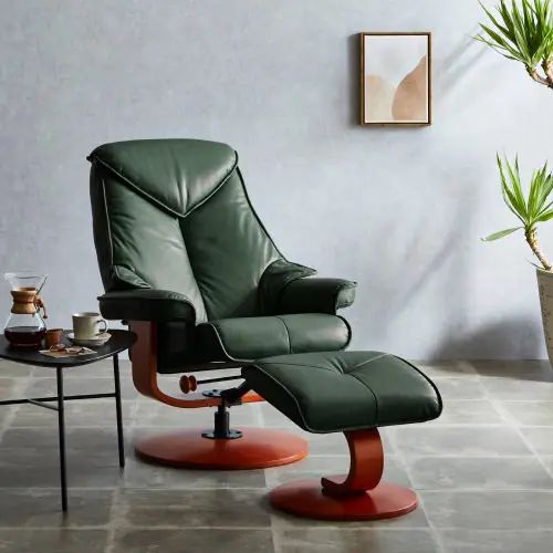 高級感を堪能する 本革仕様 オットマン付きリクライニングチェア ダークグリーン