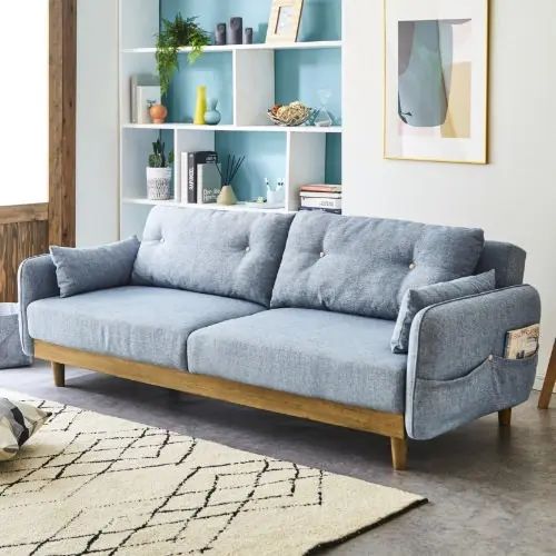 広々ゆったりで寝返りもできる大きさ 北欧風ソファベッド ブルー