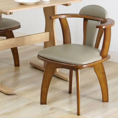 [ダイニング チェア] 幅52.5cm 座面レザー 合皮 肘付き 木脚タイプ 回転式 撥水 天然木使用 シンプル モダン 高級感 ナチュラル コンパクト ブラウン