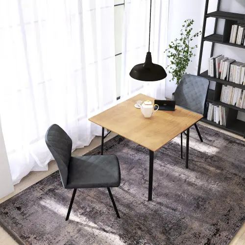 お客様の注目キーワードはこちら！モダンデザインダイニング 3点セット ナチュラル/ダークグレースタイリッシュなモダンデザインが特徴的なダイニング3点セットです。テーブル脚とチェアの脚はダークグレー色のスチール脚で空間を引き締め、統一感があり...