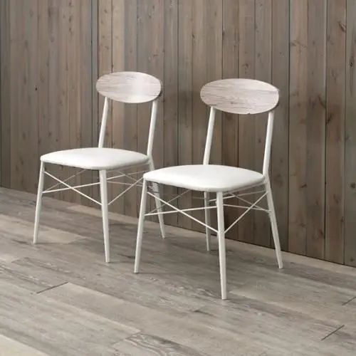 [ダイニング チェア] 幅45cm 座面レザー 合皮 肘なし スチール脚 シンプル ナチュラル 木目調 ホワイト 背もたれ カフェスタイル ヴィ..