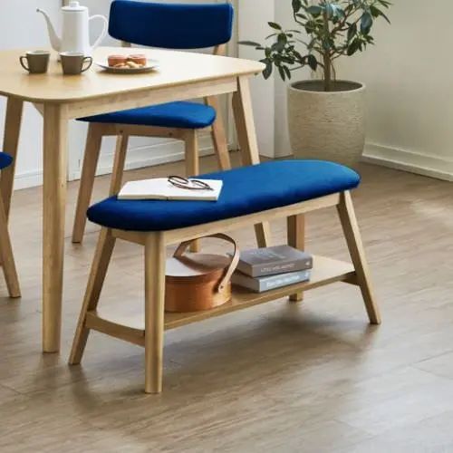 [ダイニング ベンチ] 幅90cm 座面ファブリック ブルー 肘なし 木脚タイプ ベンチタイプ 天然木使用 ラ..