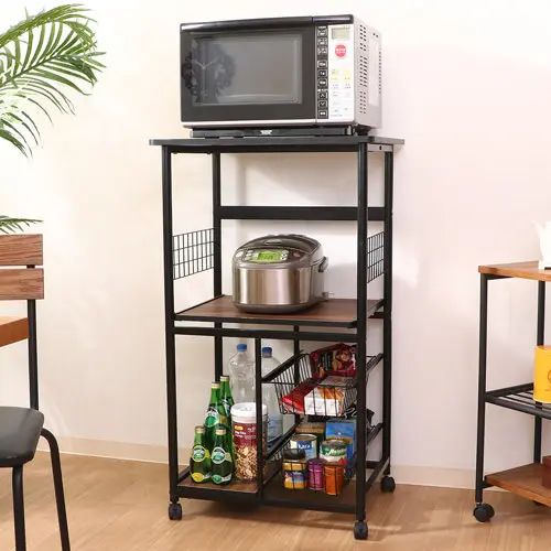 乐天商城 - [キッチン ワゴン] レンジワゴン ブラック ブラウン スライド式収納 カゴ付き バスケット 幅60cm 棚付き キャスター付き シンプル アンティーク