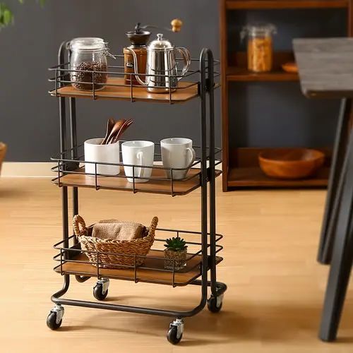 [キッチン ワゴン] 3段 バスケット型 ブラウン ブラック サイドテーブル ランドリー収納 幅45cm 棚付き キャスター付き アンティーク ブルックリン コンパクト