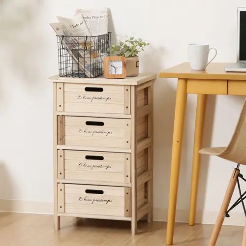 [リビング チェスト] 木製 4段ボックス 桐材 通気性 天板タイル 幅40cm 脚付き 木脚タイプ 引き出し付き 天然木 ナチュラル コンパクト カントリー調