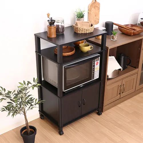 乐天商城 - [レンジ台 キッチン] マルチワゴン ブラウン ブラック 幅59.7cm 棚付き 扉付き収納 キャスター付き シンプル 高級感 コンパクト 大容量