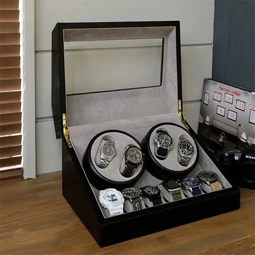 [リビング収納] 時計収納 10本収納可能 自動巻きタイプ ワインディングマシーン 4本巻 ブラック ブラウ..