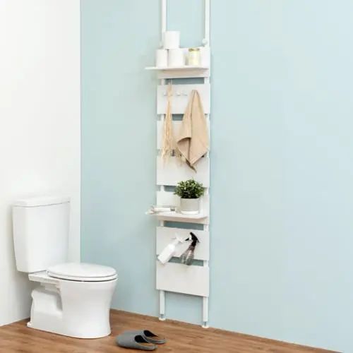 [フリーラック] ウォールラック 突っ張り式 パーテーション 間仕切り ホワイト 幅40cm スチール脚タイプ 可動棚付き アジャスター付き 壁面収納