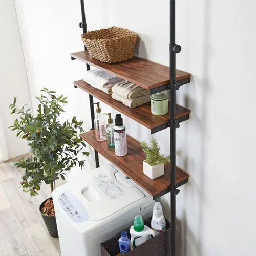 For Laundries - [ランドリーチェスト] 洗濯機ラック ブラウン ブラック 省スペース デッドスペース活用 木目調天板 簡単設置 幅70cm 突っ張り式 可動棚付き スチール シンプル