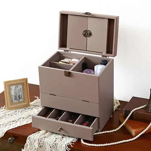 [ドレッサー 鏡台] コスメボックス チャコールグレー 三面鏡 持ち手付き エレガント 幅27cm 引き出し付..