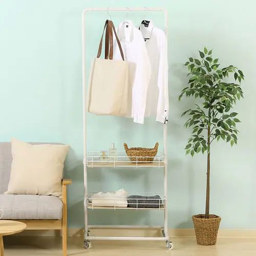 [幅60cm] ハンガーラック ホワイト 見せる収納 バスケット型収納 可動棚付き キャスター付き スチール シンプル コンパクト ナチュラル スマート(3.0)