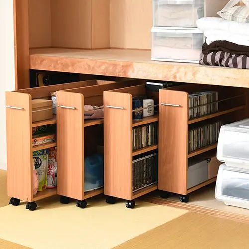 [本棚 オープン] 押入れ用ラック 4個組 ダークブラウン ナチュラル ホワイト 取っ手付き 幅19.5cm 可動棚付き キャスター付き 木目調 落下防止