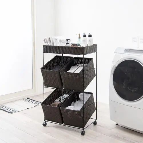Wall Furniture - [ランドリーチェスト] ダークブラウン ラタン調 縦長タイプ ワイドタイプ バスケット付き 4個 幅56cm キャスター付き スチール 大容量