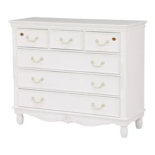 [リビング チェスト] アンティーク風ワイドチェスト ホワイト 鍵付き収納 彫刻デザイン 幅110cm 脚付き..