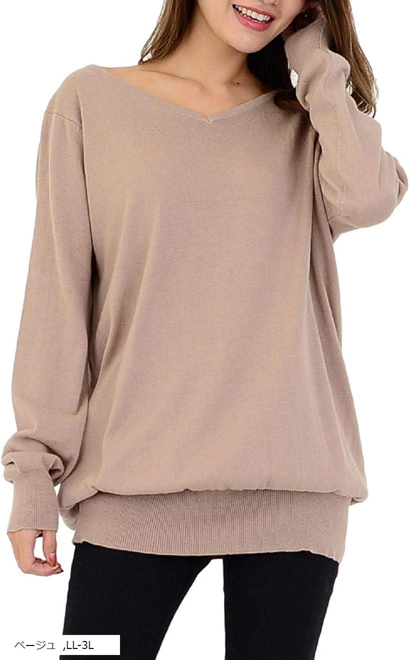 スリーピングシープ ゆったり ちょいなが Vネック コットン ニット 無地 ロング セーター シンプル チ..
