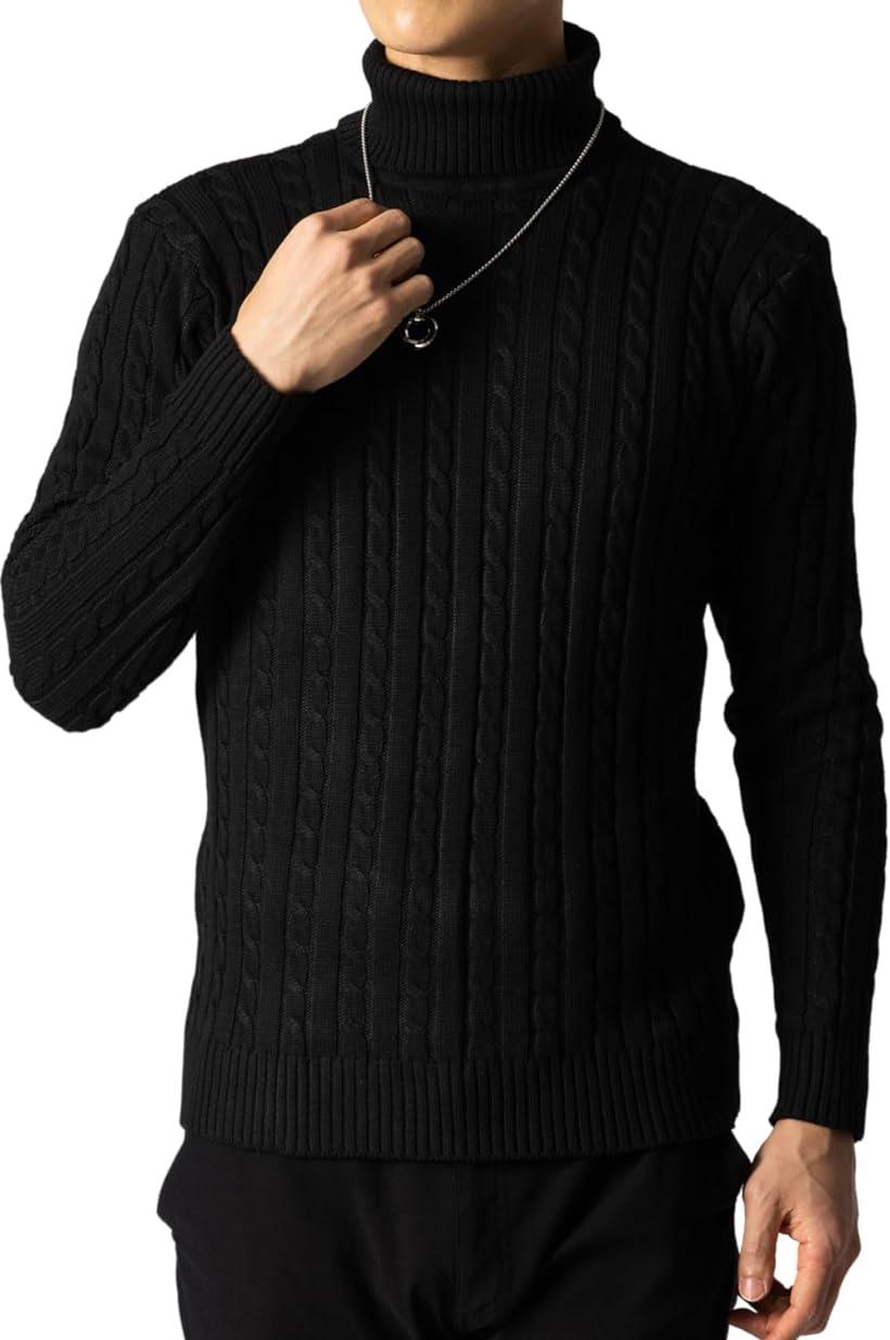 [ベンケ] セーター メンズ タートルネック 無地 カジュアル 長袖 ニット ケーブル編み