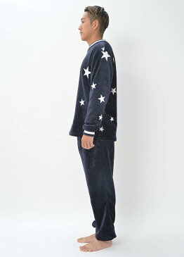 メンズ もこもこ ルームウェア ボアフリース セットアップ 上下セット パジャマ 4L 大きいサイズ ゆったり あったか モコモコ スター/ネイビー,(スター/ネイビー, L)