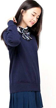 セーター Vネック 長袖 無地 スクールセーター 女子 高校生 学生 制服 男女兼用 オフィス 綿 ネイビー/L(ネイビー, L)