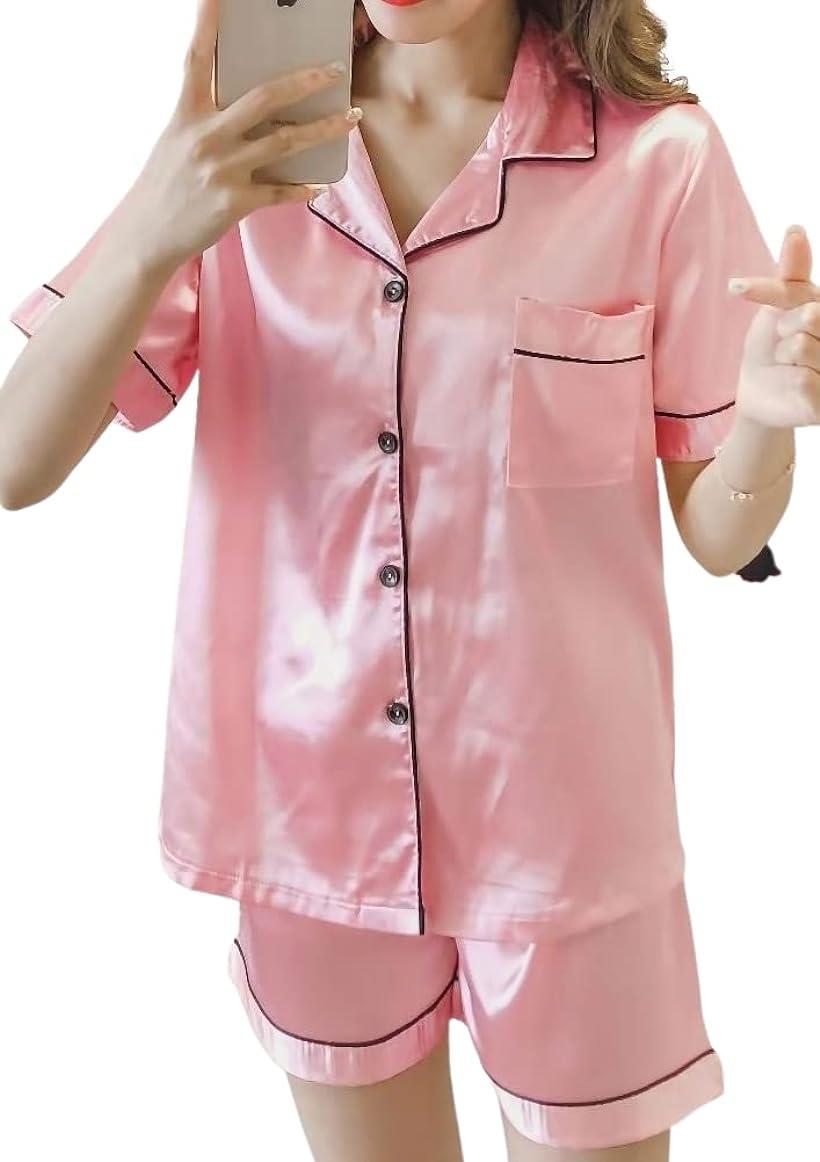 母の日 [アスペルシオ] ルームウェア 半袖 短パン 上下セット 可愛い パジャマ レディース 襟付き セットアップ (L) ピンク