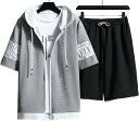 エンプティオ ストリート フルジップ 半袖 パーカー ハーフパンツ お洒落 上下セット メンズ(アイスグレー, XL)