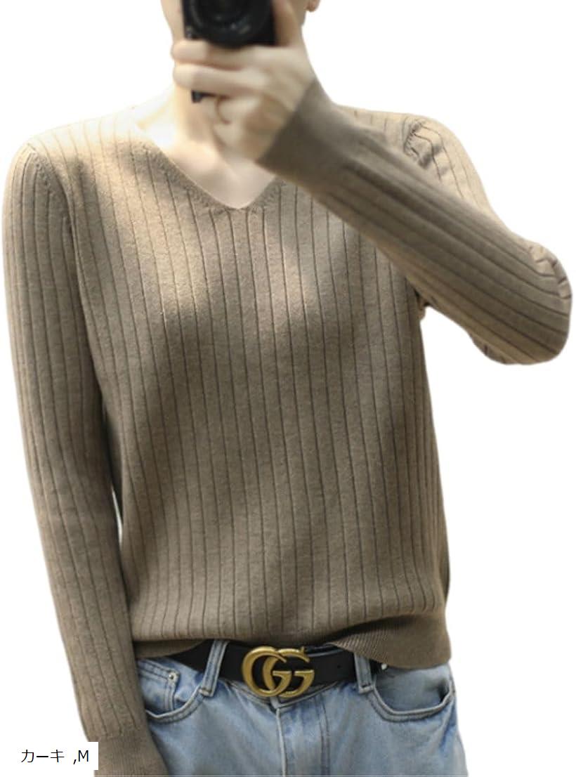 ニット リブニット レディース きれいめ セーター トップス 長袖 タイト Vネック 薄手 無地(カーキ, M)