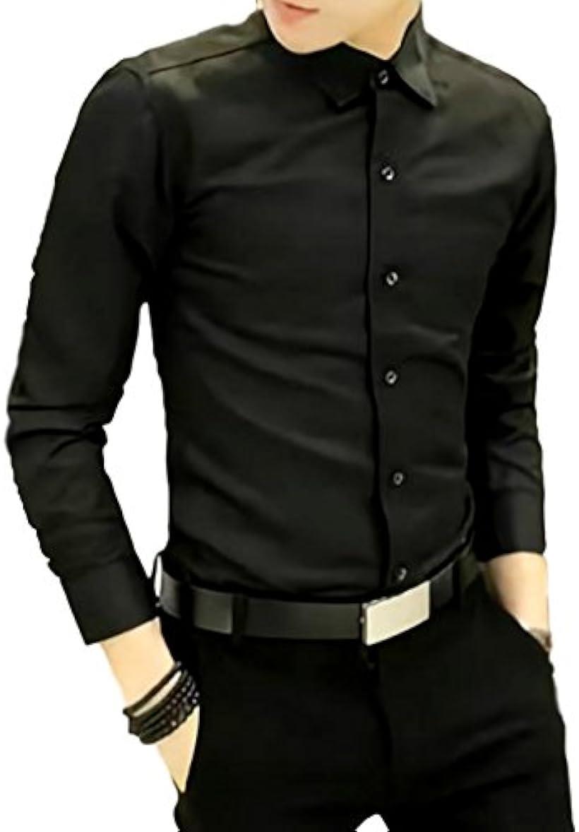 （ナガポ） NAGAPO メンズ シャツ 長袖 カジュアル ワイシャツ 大きいサイズ 無地 ビジネス スリム (ブラック XXL)