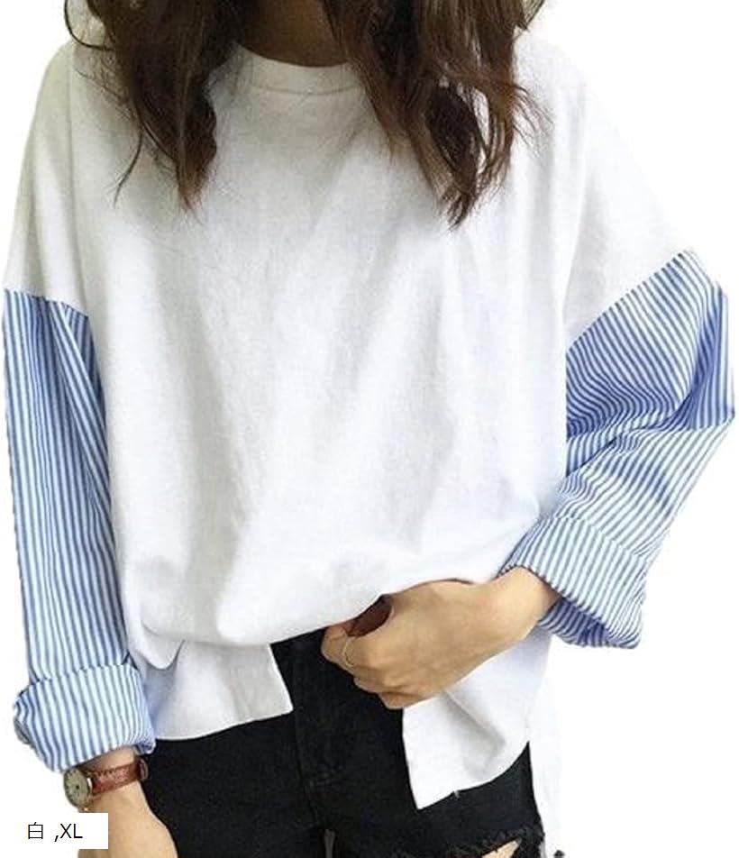 ニブンノイチプラス t シャツ ブラウス 袖 ストライプ ドッキング レイヤード 風 レディース(白, XL)