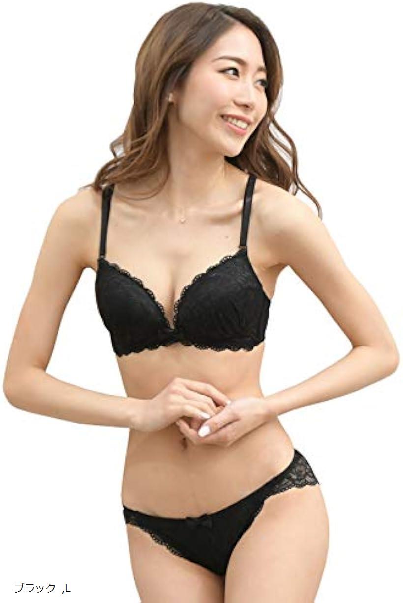 レディース ブラジャー ショーツ 勝負 下着 上下 セット ノンワイヤー 女性 レース Large ブラック (ブ..