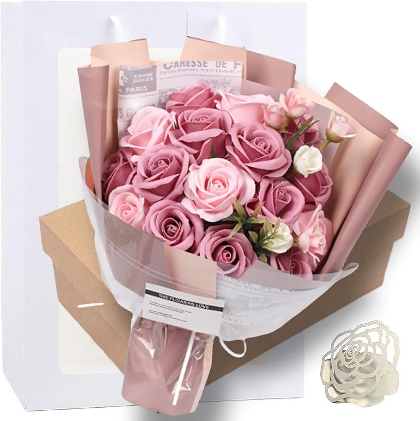 母の日  ソープフラワー 結婚記念日 彼女 薔薇 花束 ギフト 造花 メッセージカード ショップバッグ付 (ブライトレッド)