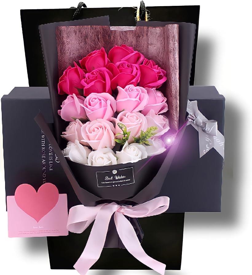 [Capiner] ソープフラワー 結婚記念日 薔薇 花束 プレゼント ギフト 造花 誕生日 還暦 母の日 父の日 メッセージカード ショップバッグ付 18本 ピンクグラデーション 
