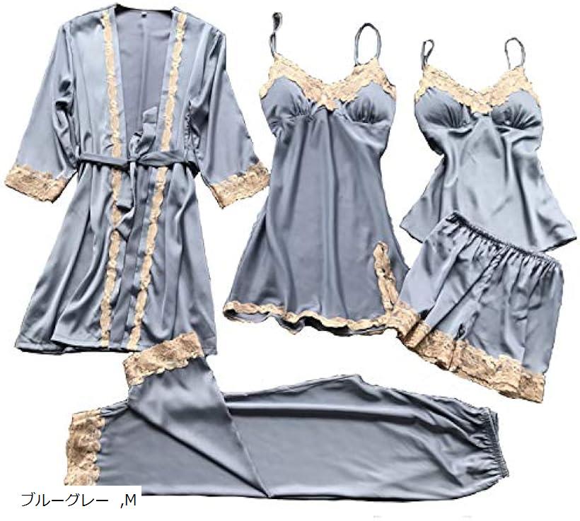 ランジェリー パジャマ レディース 5点セット スリップ キャミソール(ブルーグレー, M)