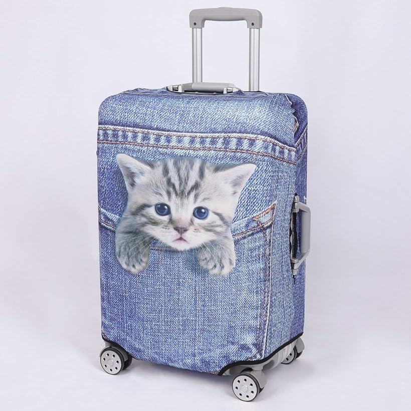 こもれび屋 スーツケース 保護 カバー かわいい イヌ ネコ デニム トランクケース Od１３ 伸縮 猫 M キャリーケース 旅行 良質 インディゴ トラ