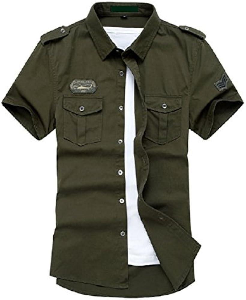 メンズ ミリタリーシャツ 半袖 大きいサイズ 上着 軍人服 カットソー カーゴ アウター カーキ ジャケット( グリーン, M)